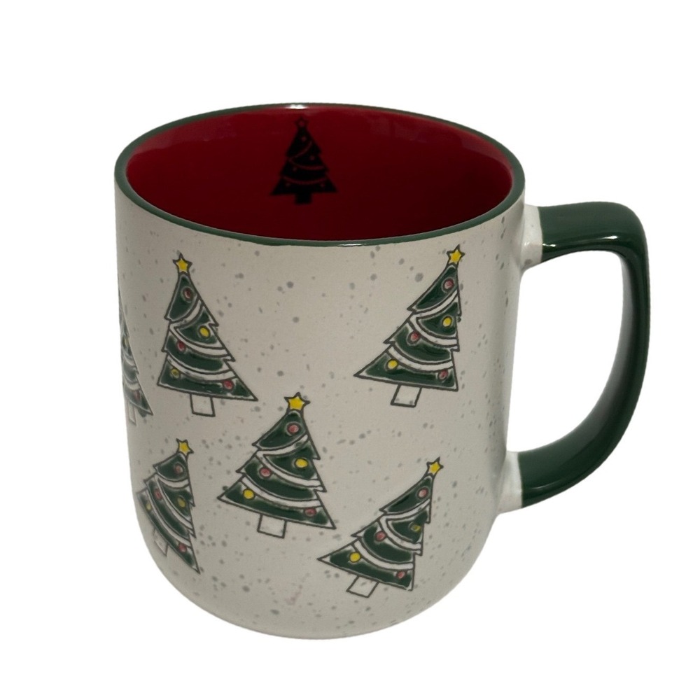 Christmas Tree Coffee Mug Speckled White Red Interior Green Handle Holiday Cup